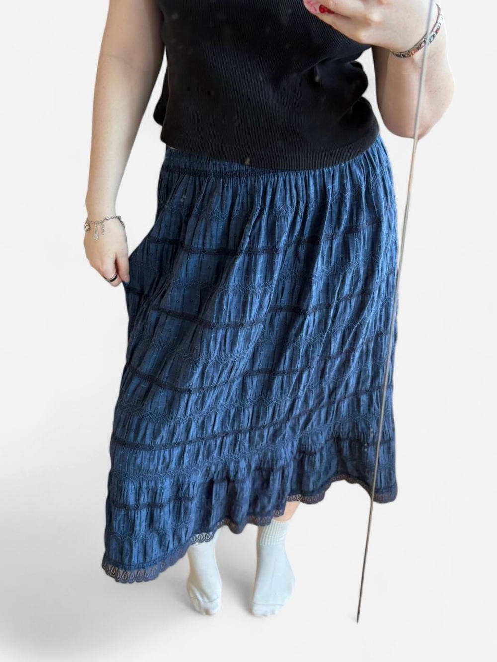 Women's Navy Blue Tiered Midi Skirt